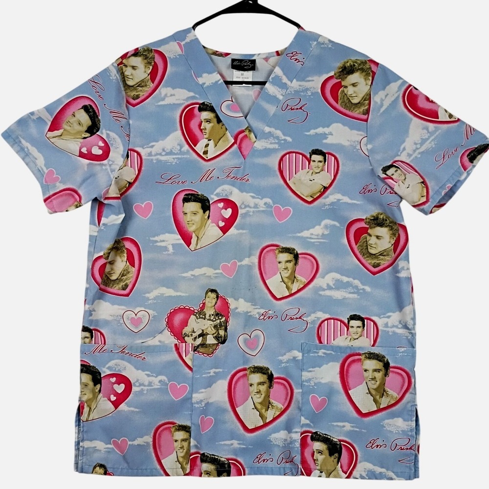 Elvis Presley Scrub Top Women Medium Blue Vintage Love Me Tender Hearts‎ V-Neck